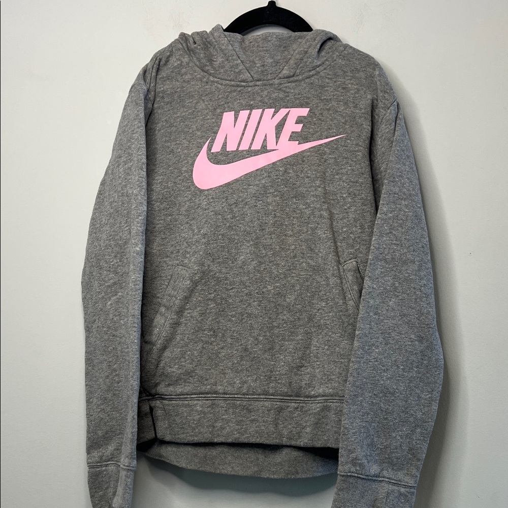 Nike Kids Heather Gray Hoodie Sweatshirt with Light Pink Logo Girls Size‎ Medium